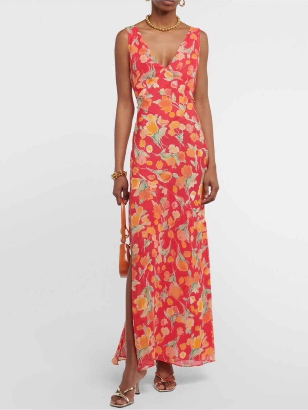 Rixo Floral V-Neck Maxi Dress in Coral